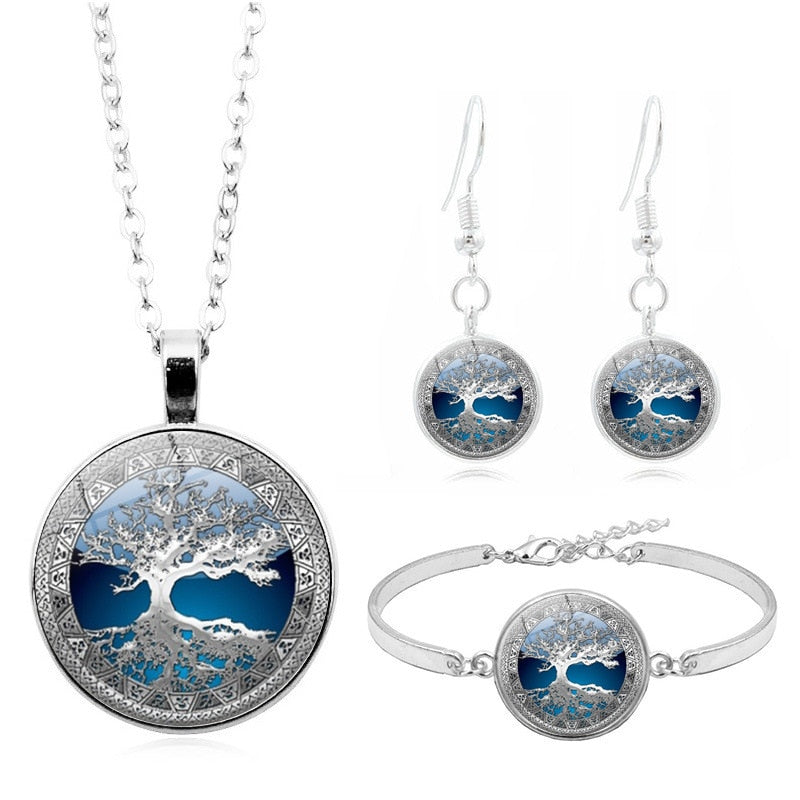 Celtic Tree of Life Glass Cabochon Necklace Stud  Set