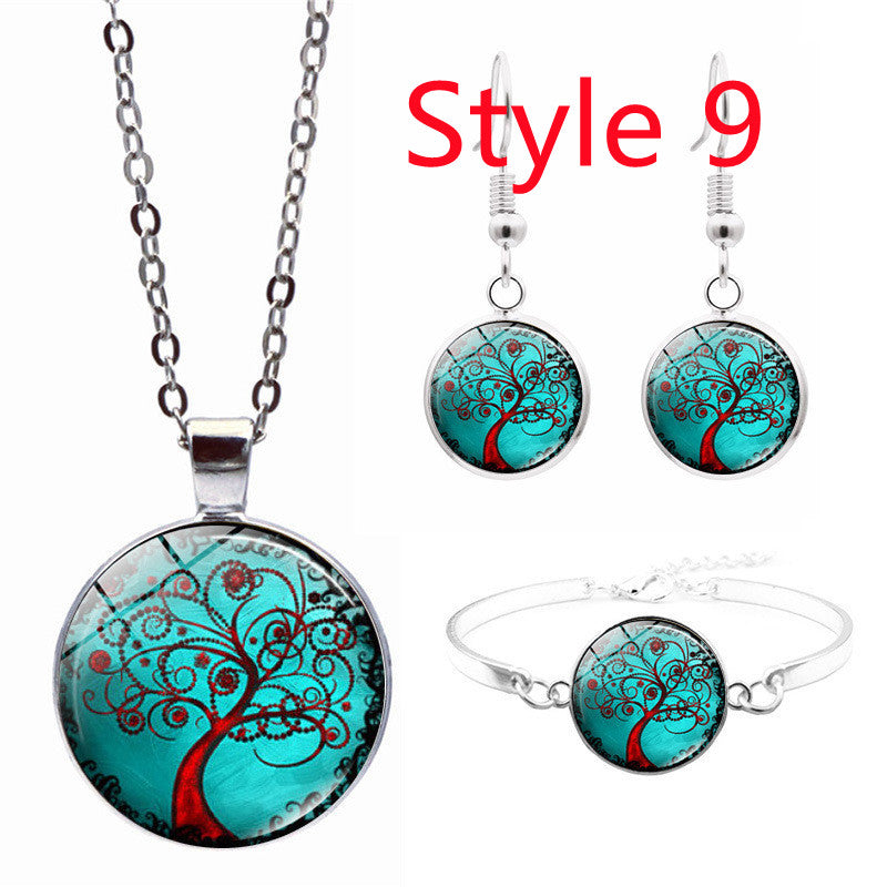 Celtic Tree of Life Glass Cabochon Necklace Stud  Set