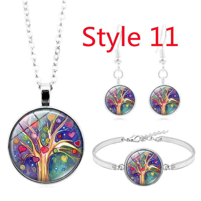 Celtic Tree of Life Glass Cabochon Necklace Stud  Set