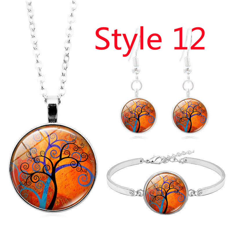 Celtic Tree of Life Glass Cabochon Necklace Stud  Set