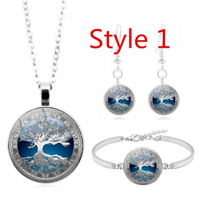 Celtic Tree of Life Glass Cabochon Necklace Stud  Set