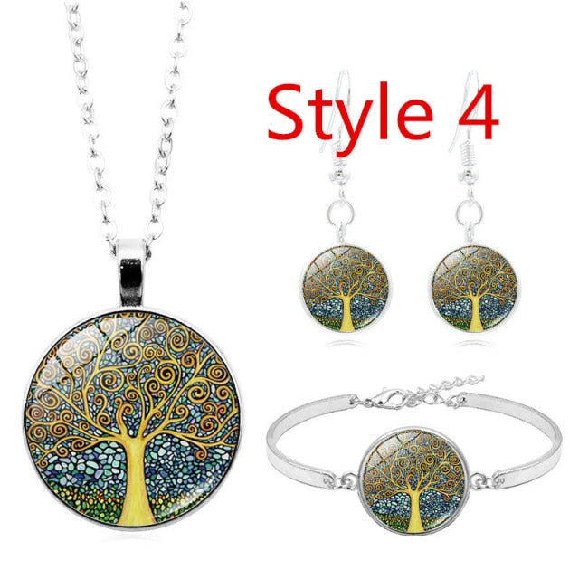 Celtic Tree of Life Glass Cabochon Necklace Stud  Set