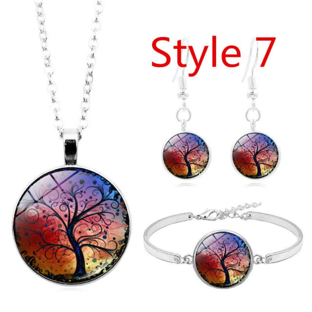 Celtic Tree of Life Glass Cabochon Necklace Stud  Set
