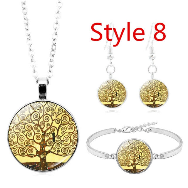 Celtic Tree of Life Glass Cabochon Necklace Stud  Set