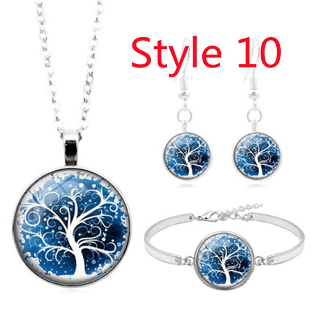 Celtic Tree of Life Glass Cabochon Necklace Stud  Set