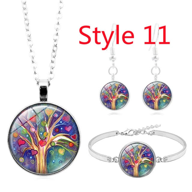 Celtic Tree of Life Glass Cabochon Necklace Stud  Set