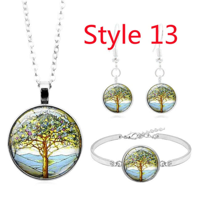 Celtic Tree of Life Glass Cabochon Necklace Stud  Set