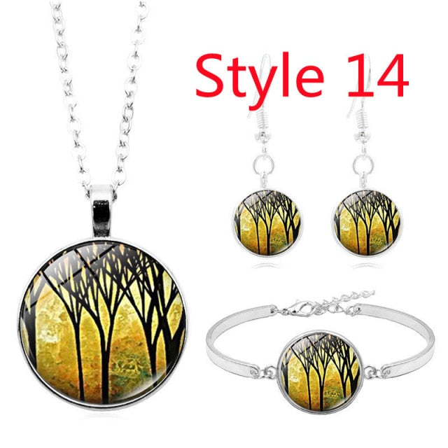 Celtic Tree of Life Glass Cabochon Necklace Stud  Set