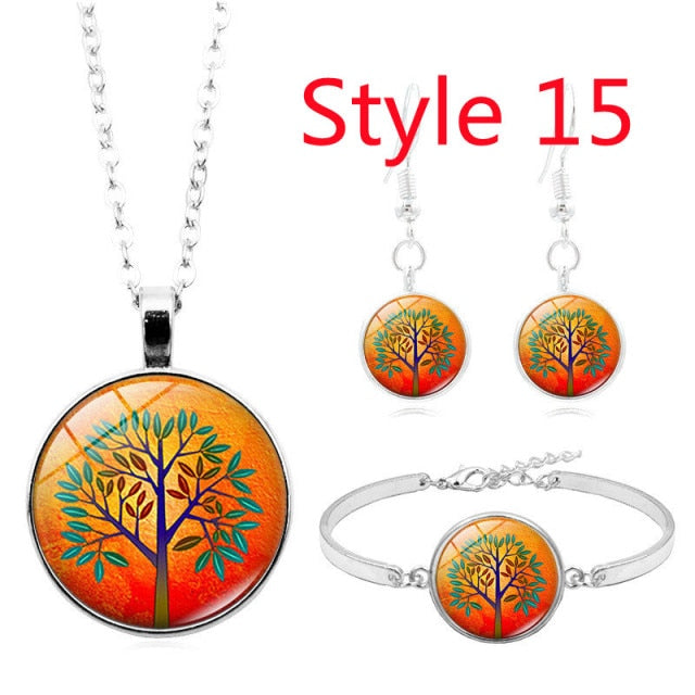 Celtic Tree of Life Glass Cabochon Necklace Stud  Set