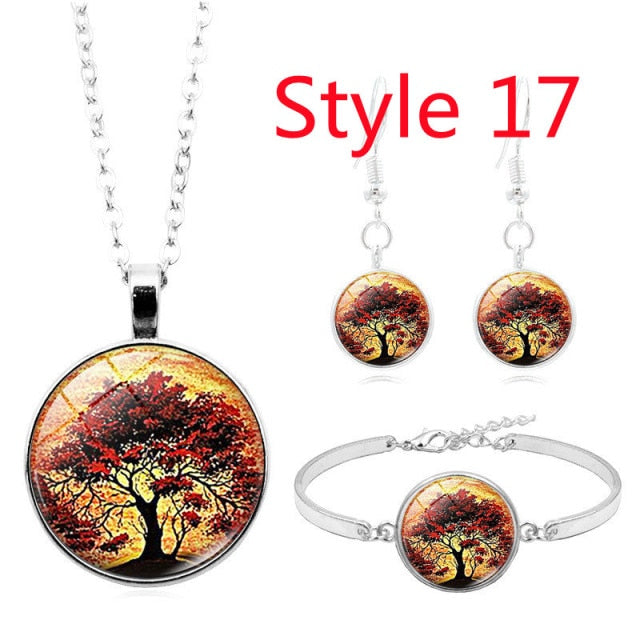 Celtic Tree of Life Glass Cabochon Necklace Stud  Set