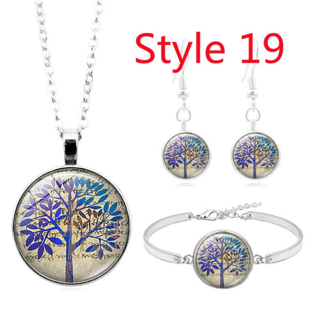 Celtic Tree of Life Glass Cabochon Necklace Stud  Set