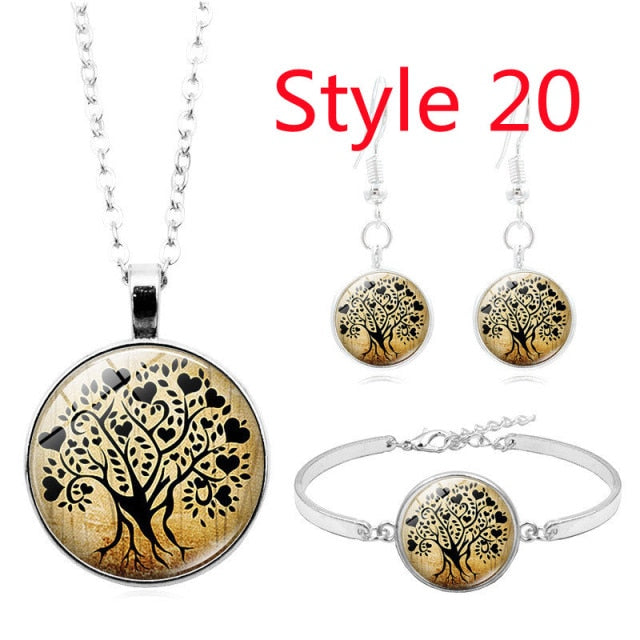 Celtic Tree of Life Glass Cabochon Necklace Stud  Set