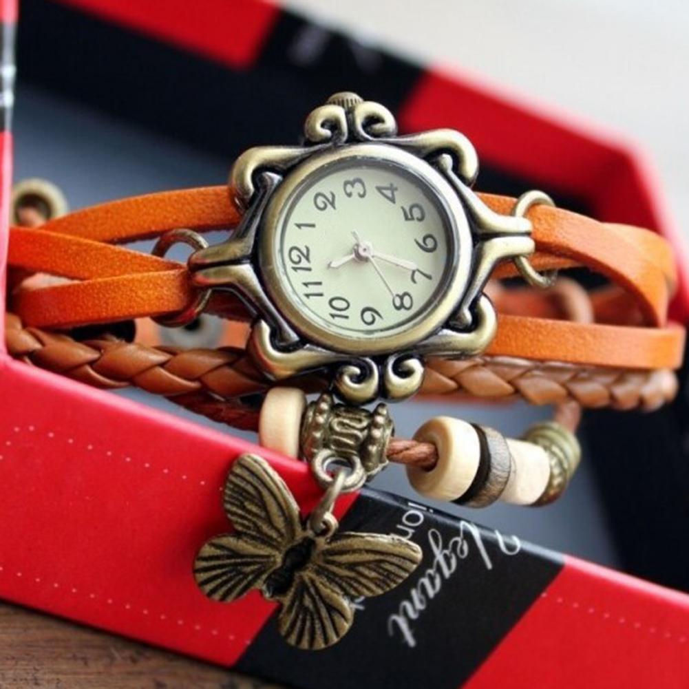 Women Genuine Leather Vintage Quartz Dress Watch Bracelet