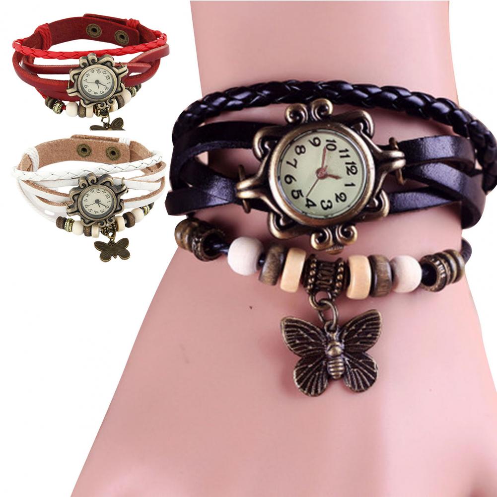 Women Genuine Leather Vintage Quartz Dress Watch Bracelet