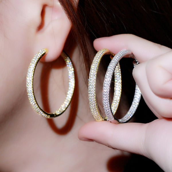 Luxury Yellow Gold Large Round Shape CZ Zircon Loop Hoop Earrings