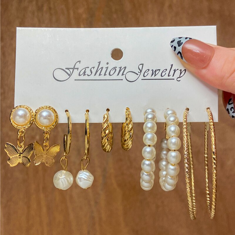 Trendy Gold Geometirc Square Round Pearl Hoop Earrings Set