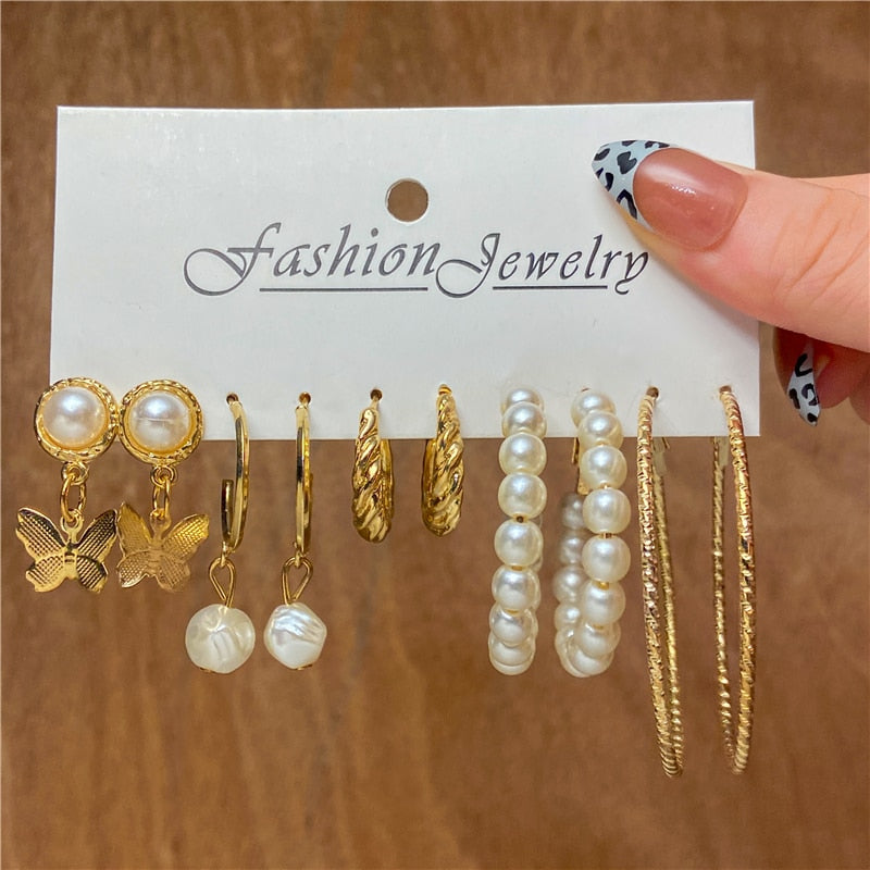 Trendy Gold Geometirc Square Round Pearl Hoop Earrings Set