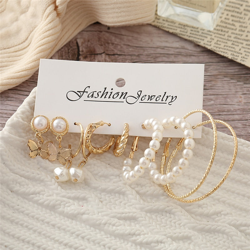 Trendy Gold Geometirc Square Round Pearl Hoop Earrings Set