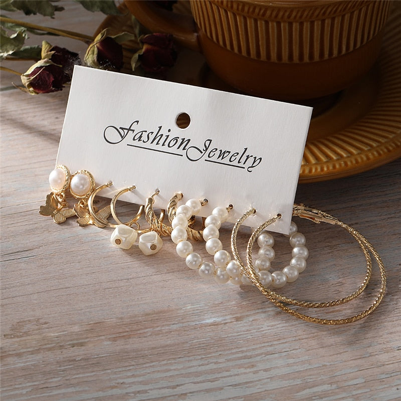 Trendy Gold Geometirc Square Round Pearl Hoop Earrings Set