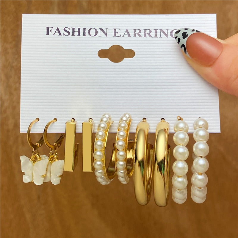 Trendy Gold Geometirc Square Round Pearl Hoop Earrings Set