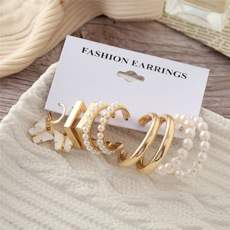 Trendy Gold Geometirc Square Round Pearl Hoop Earrings Set