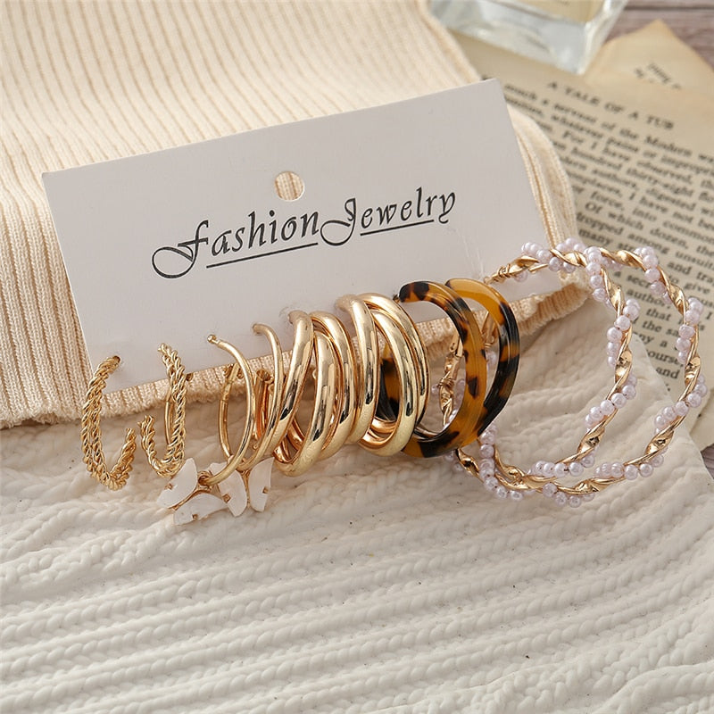 Trendy Gold Geometirc Square Round Pearl Hoop Earrings Set