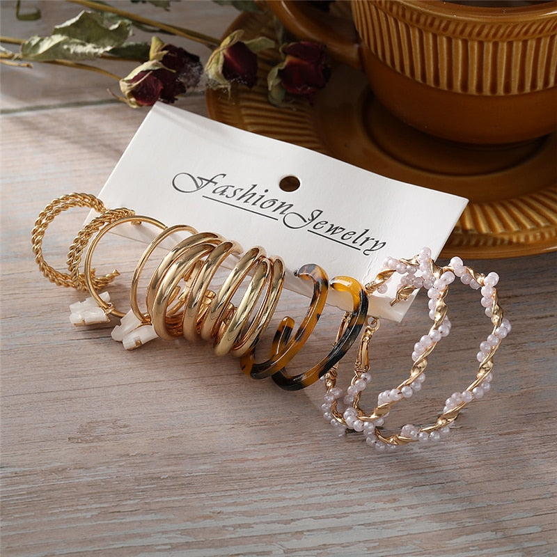 Trendy Gold Geometirc Square Round Pearl Hoop Earrings Set