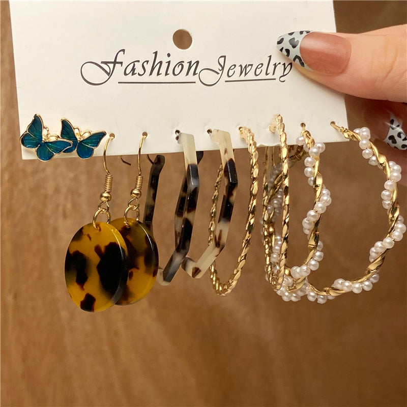 Trendy Gold Geometirc Square Round Pearl Hoop Earrings Set