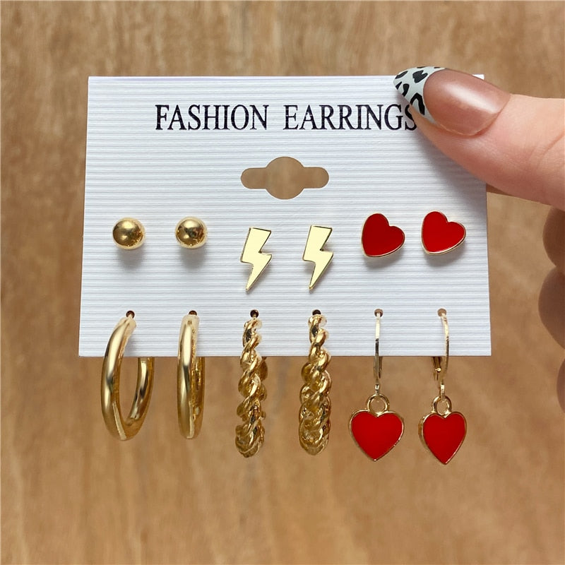 Trendy Gold Geometirc Square Round Pearl Hoop Earrings Set