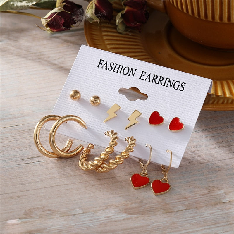 Trendy Gold Geometirc Square Round Pearl Hoop Earrings Set