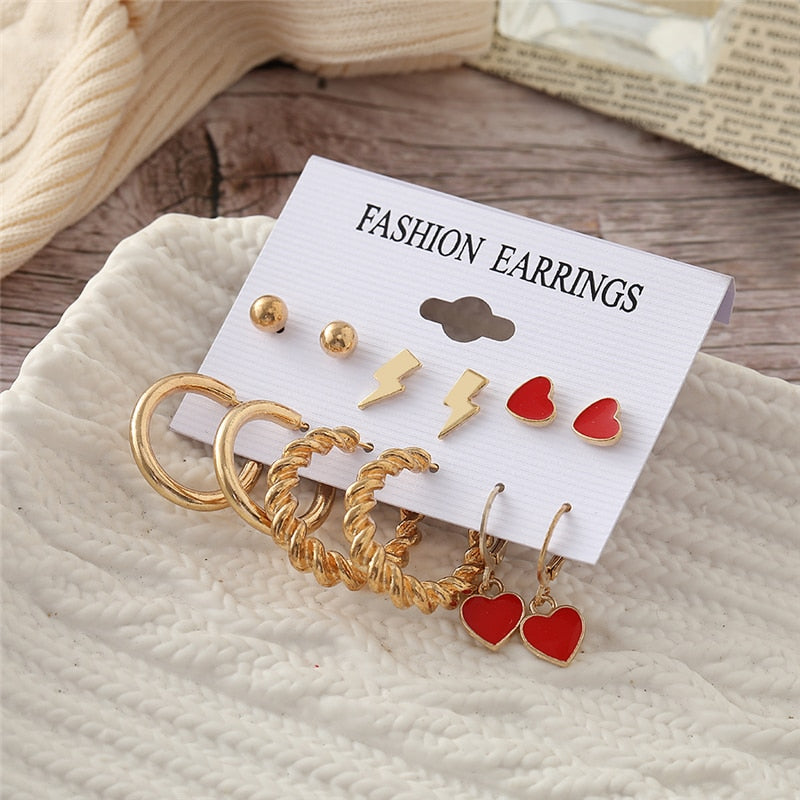 Trendy Gold Geometirc Square Round Pearl Hoop Earrings Set