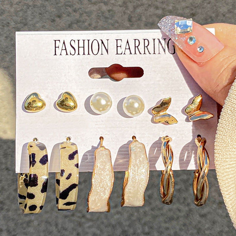 Trendy Gold Geometirc Square Round Pearl Hoop Earrings Set