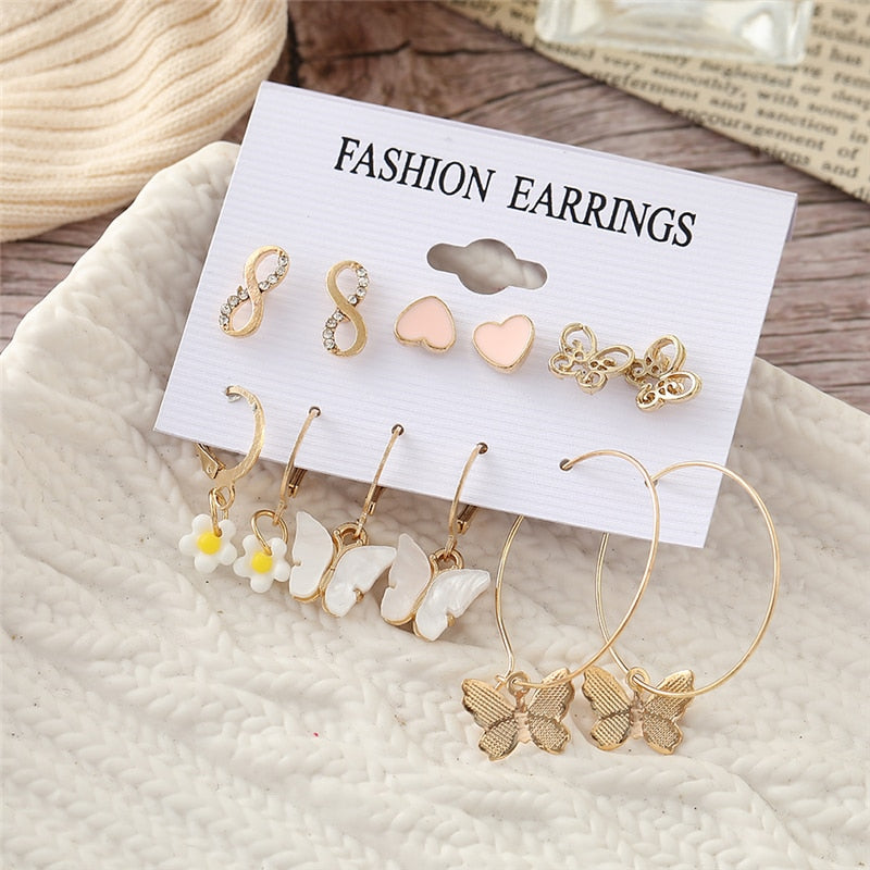 Trendy Gold Geometirc Square Round Pearl Hoop Earrings Set
