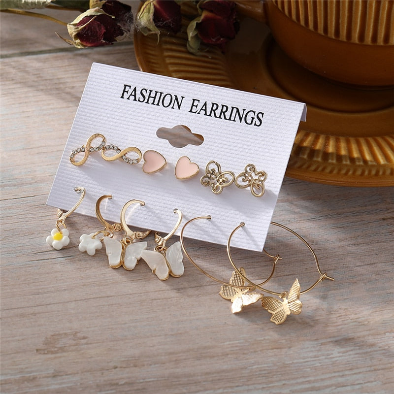 Trendy Gold Geometirc Square Round Pearl Hoop Earrings Set