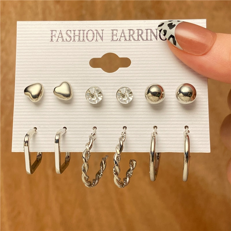 Trendy Gold Geometirc Square Round Pearl Hoop Earrings Set