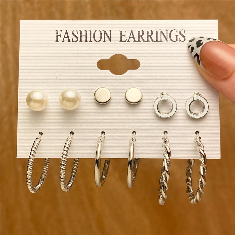 Trendy Gold Geometirc Square Round Pearl Hoop Earrings Set