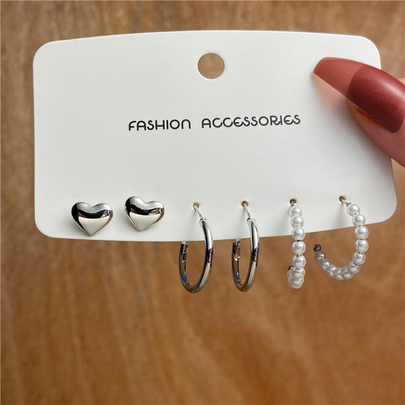 Trendy Gold Geometirc Square Round Pearl Hoop Earrings Set