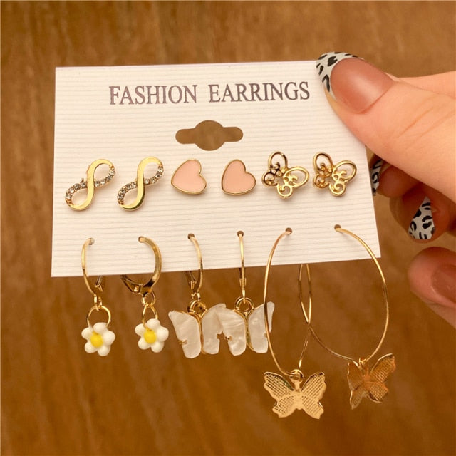Trendy Gold Geometirc Square Round Pearl Hoop Earrings Set