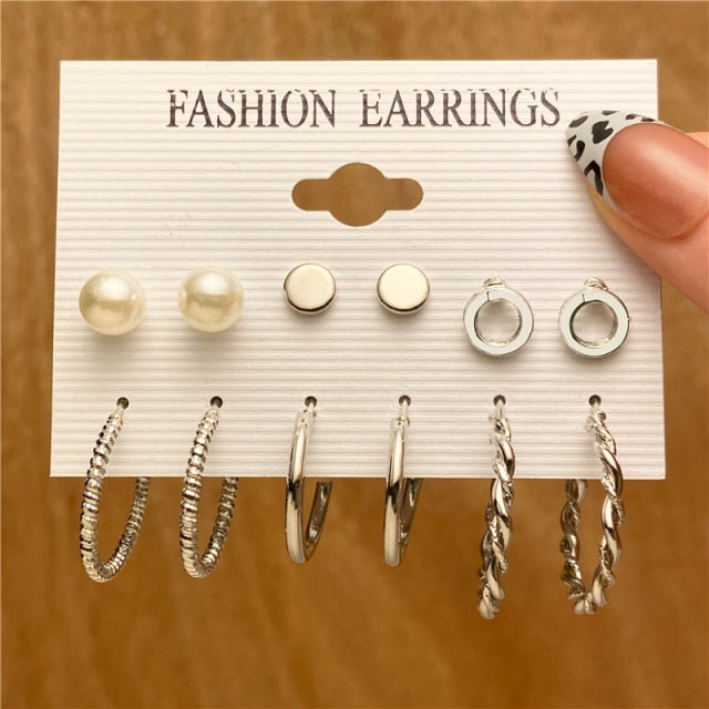Trendy Gold Geometirc Square Round Pearl Hoop Earrings Set