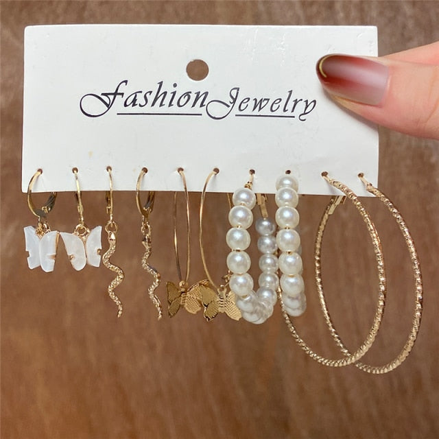 Trendy Gold Geometirc Square Round Pearl Hoop Earrings Set