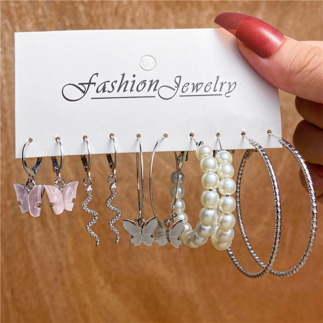 Trendy Gold Geometirc Square Round Pearl Hoop Earrings Set