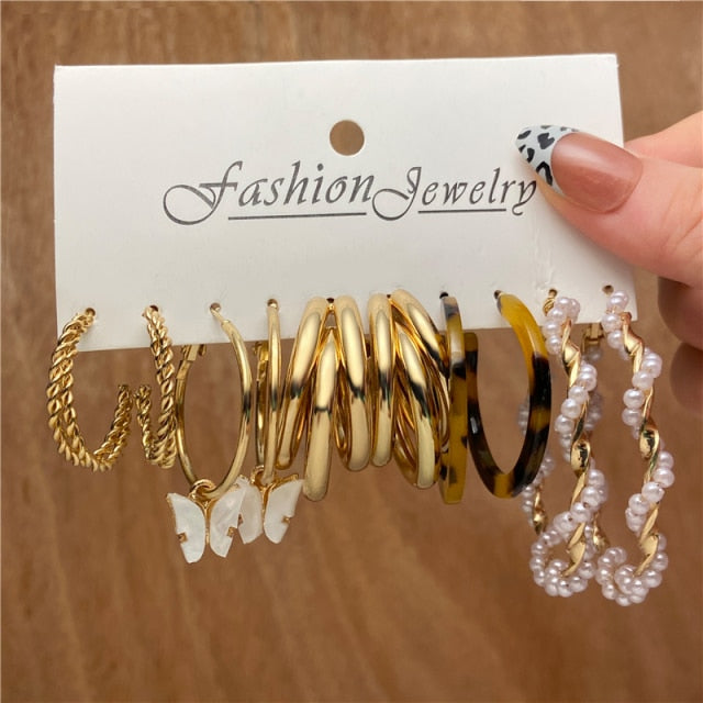 Trendy Gold Geometirc Square Round Pearl Hoop Earrings Set