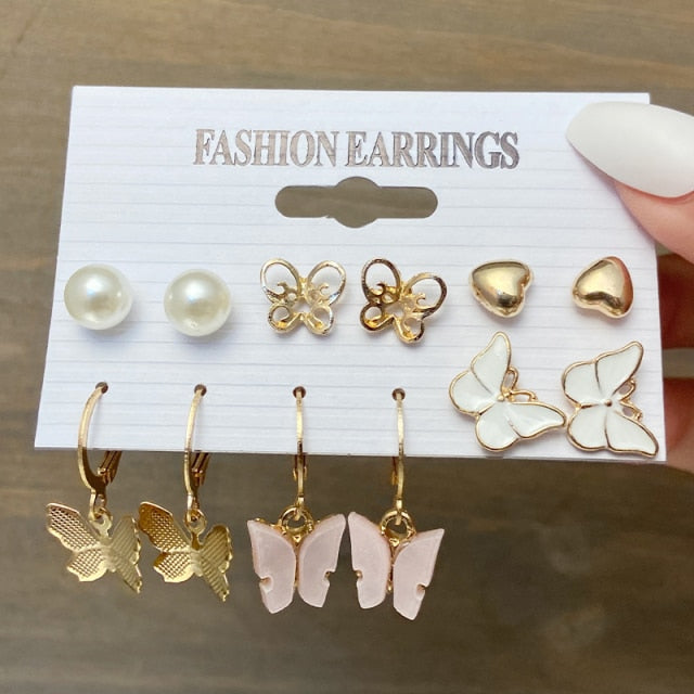 Trendy Gold Geometirc Square Round Pearl Hoop Earrings Set