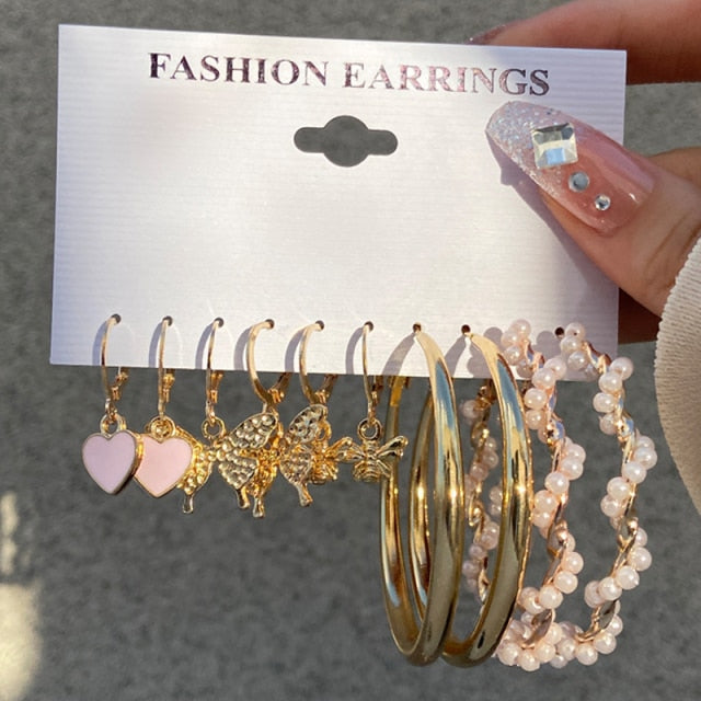 Trendy Gold Geometirc Square Round Pearl Hoop Earrings Set