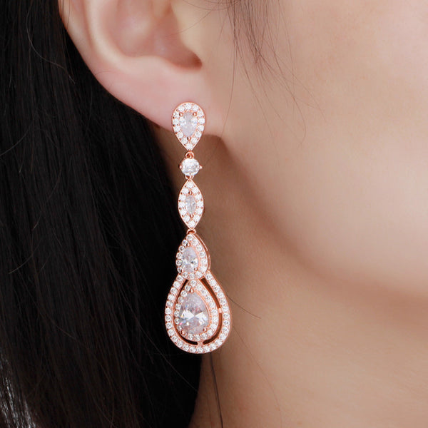 Delicate Shiny White Cubic Zirconia Topaz 925 Silver Long Water Drop Dangle Earrings