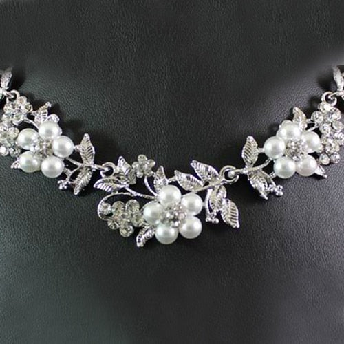 Floral Faux Pearl Silver Plated Necklace Earrings Bridal Jewelry Set