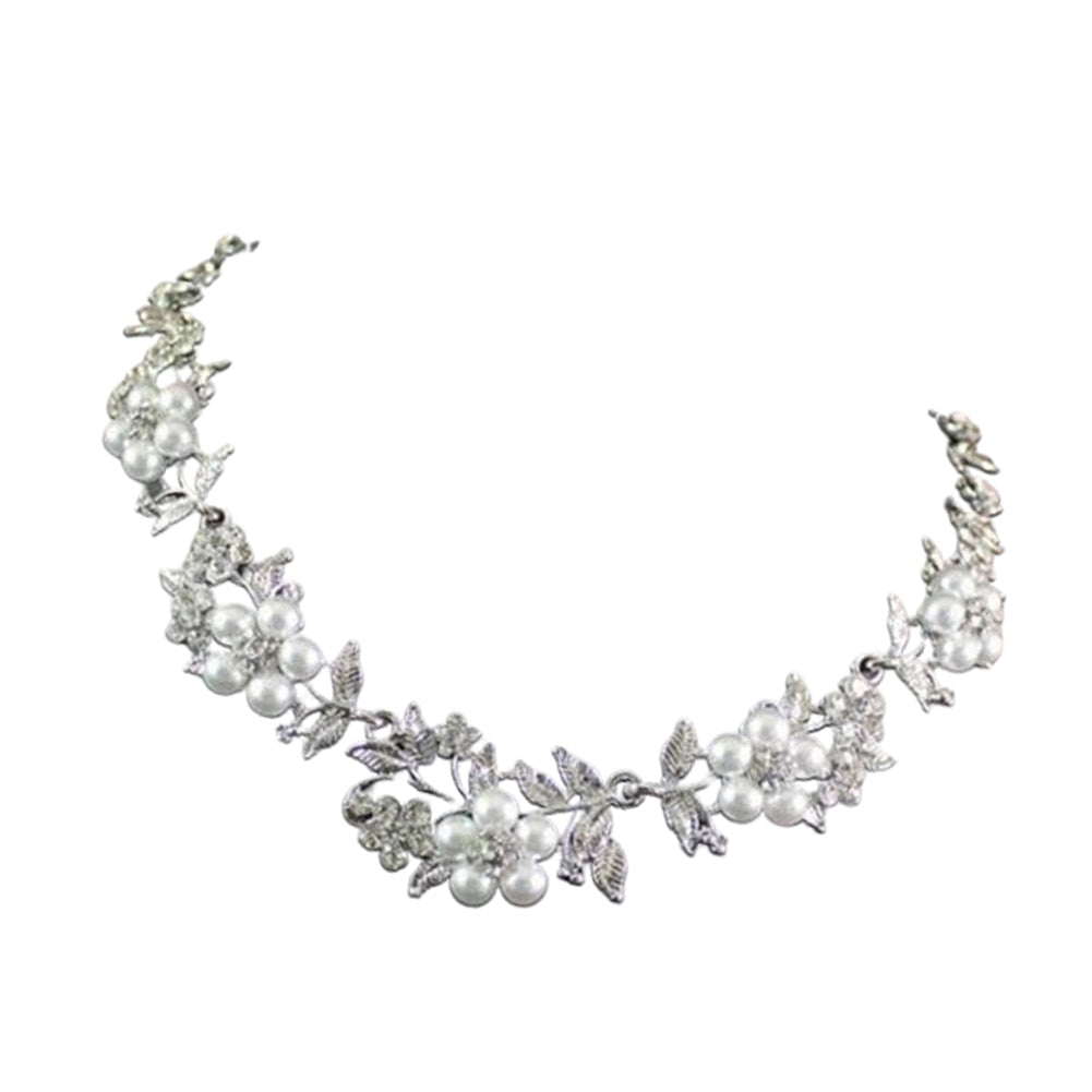 Floral Faux Pearl Silver Plated Necklace Earrings Bridal Jewelry Set
