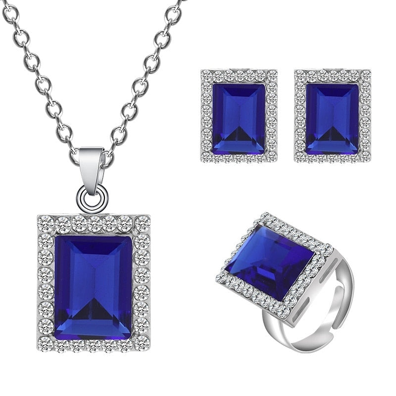 Square Necklace Earrings Ring Set 3pcs Jewelry Sets