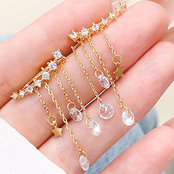 Pendientes largos y elegantes con incrustaciones de circonitas en forma de estrella, multiusos