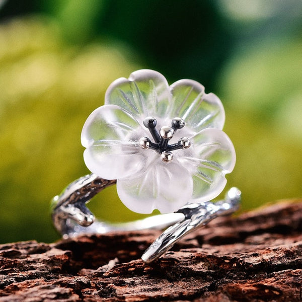 925 Sterling Silver Natural Crystal Fine Jewelry Flower in the Rain Ring Open Rings